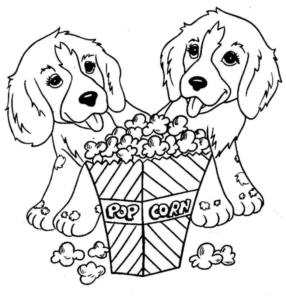 Название: Раскраска Две собаки с поп-корном. Категория: домашние животные. Теги: собака, поп-корн.