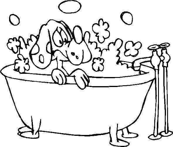 Coloring The dog in the tub. Category Bathroom. Tags:  dog, bathtub, faucet, foam.
