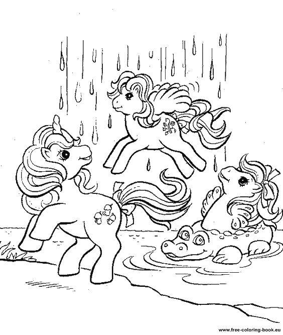Название: Раскраска Три пони. Категория: мультики. Теги: пони, вода, единорог.