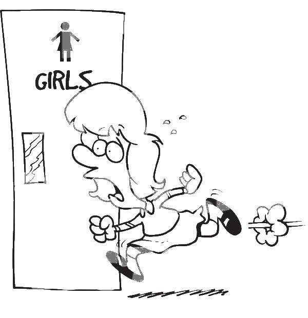 Название: Раскраска Девочка и туалет. Категория: Ванная комната. Теги: девочка. туалет, дверь.
