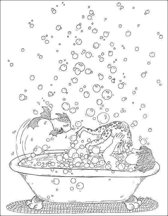 Название: Раскраска Мальчик и лягушка. Категория: Ванная комната. Теги: ребенок, рыба, лягушка, пузыри.