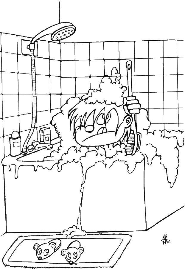 Название: Раскраска Мальчик в ванне. Категория: Ванная комната. Теги: мальчик, щетка, мыло, тапочки.