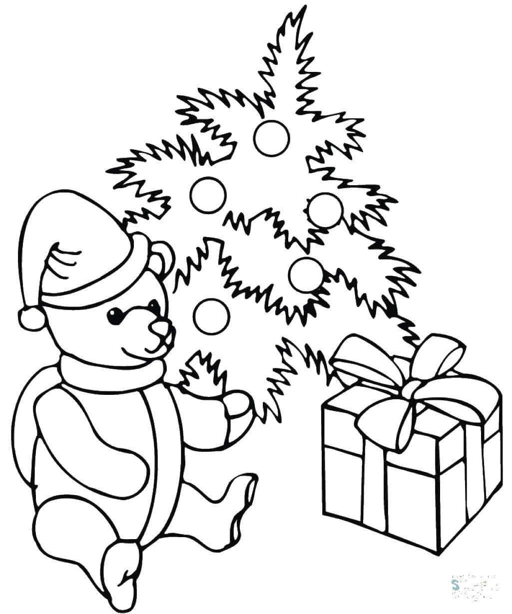 Название: Раскраска Подарки под елкой. Категория: новый год. Теги: Новый год, елка, подарки, мишка.