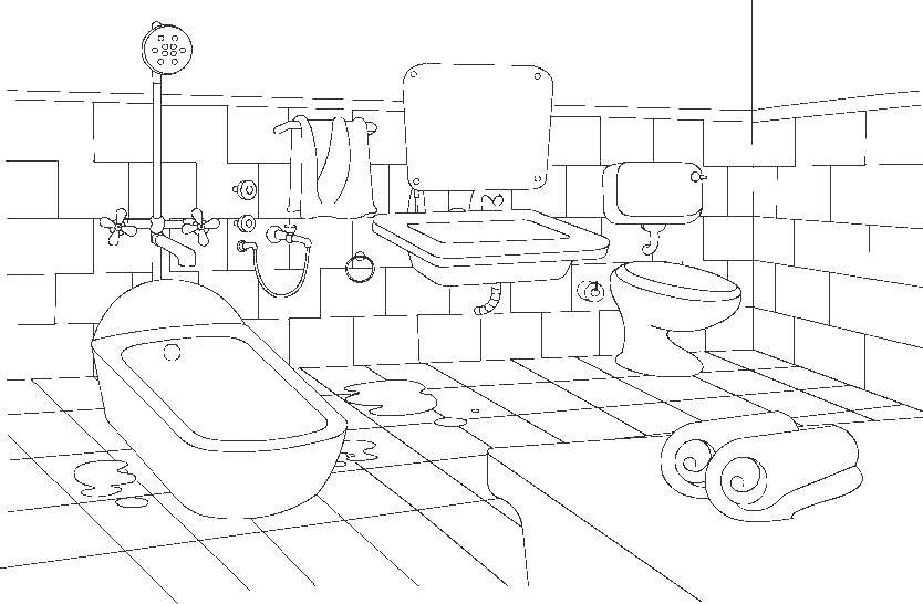 Название: Раскраска Ванна и туалет. Категория: Ванная комната. Теги: полотенце, кран, раковина, зеркало.