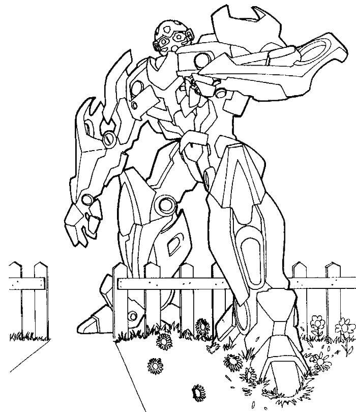 Название: Раскраска Большой робот входит в сад. Категория: трансформеры. Теги: мультфильмы, робот, трасформер.