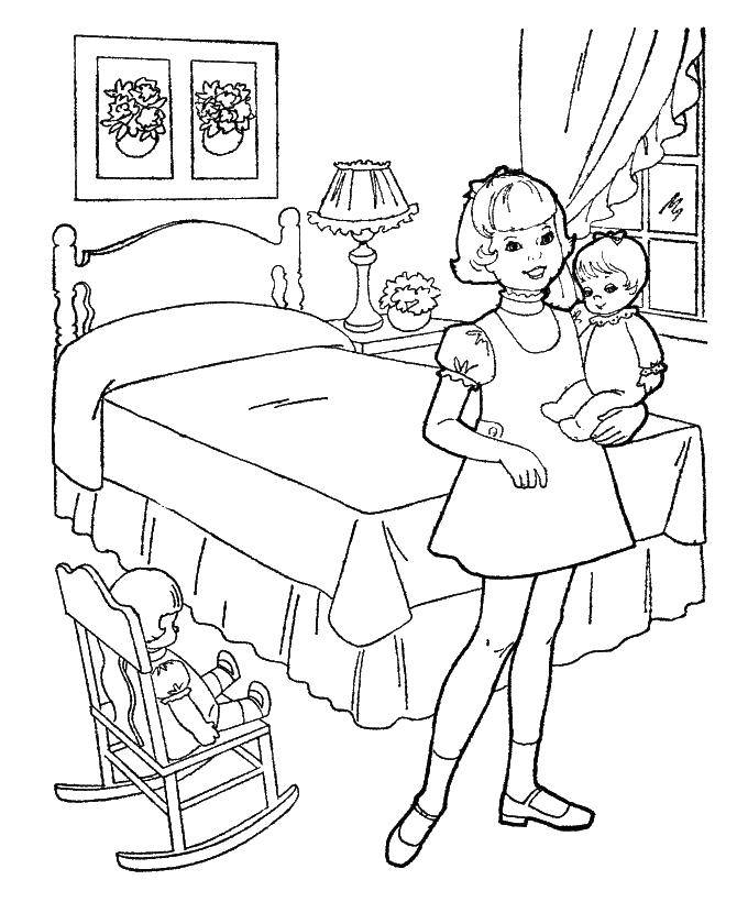 Название: Раскраска Девочка и куклы. Категория: Спальная комната. Теги: кровать, кукла, девочка, окно.