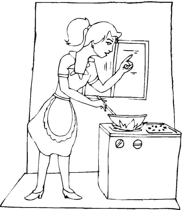 Название: Раскраска Девушка готовит. Категория: Кухня. Теги: девушка, плита, фартук.