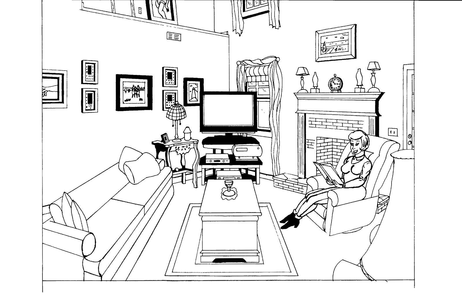 Coloring The girl in the living room. Category Bedroom. Tags:  girl, TV, chair, table.