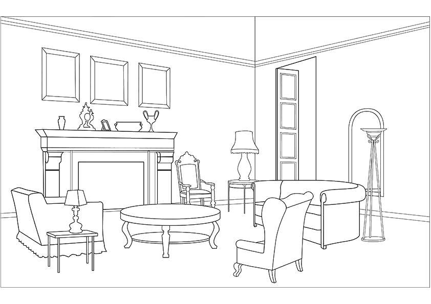 Coloring Living room. Category home. Tags:  House, building, room.