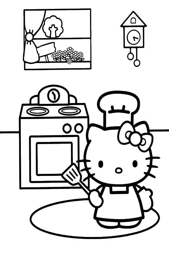 Название: Раскраска Hello kitty на кухне. Категория: Кухня. Теги: Hello Kitty, плита, фартук, лопатка.
