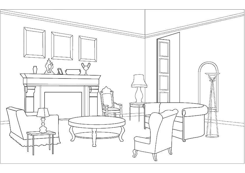 Название: Раскраска Камин в комнате. Категория: гостинная комната. Теги: камин, кресло, столик, лампа.