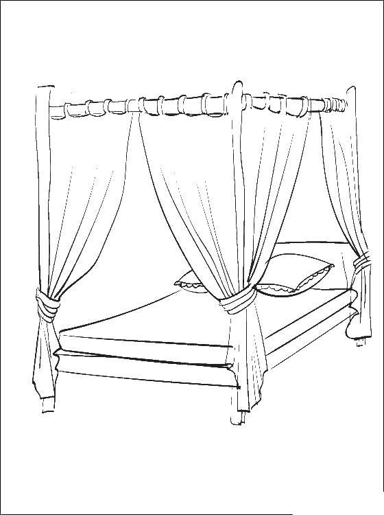 Название: Раскраска Кровать с балдахином. Категория: Спальная комната. Теги: кровать, подушки, балдахин.