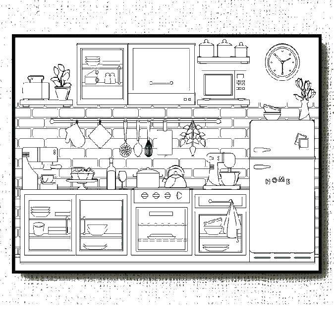 Название: Раскраска Кухонный гарнитур. Категория: Кухня. Теги: холодильник, плита, чайник.