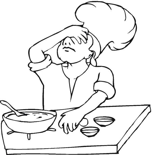 Название: Раскраска Повар готовит. Категория: Кухня. Теги: повар, плита, кастрюля.