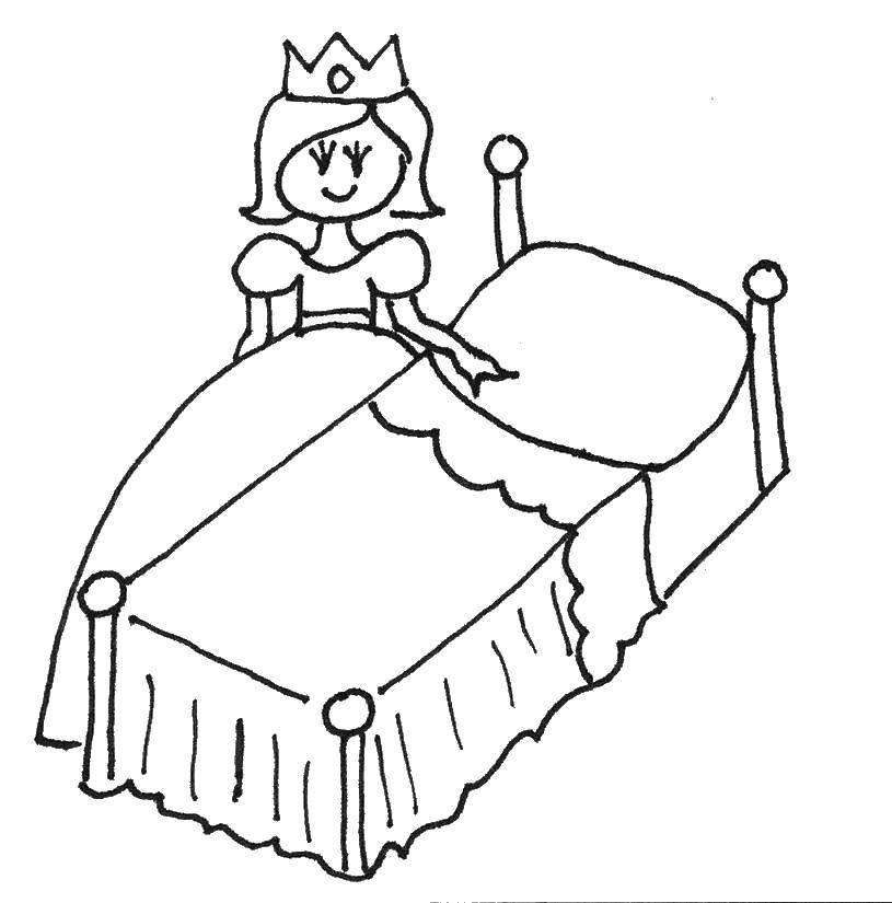 Раскраска Спальная комната Скачать ,принцесса, подушка, одеяло,.  Распечатать 