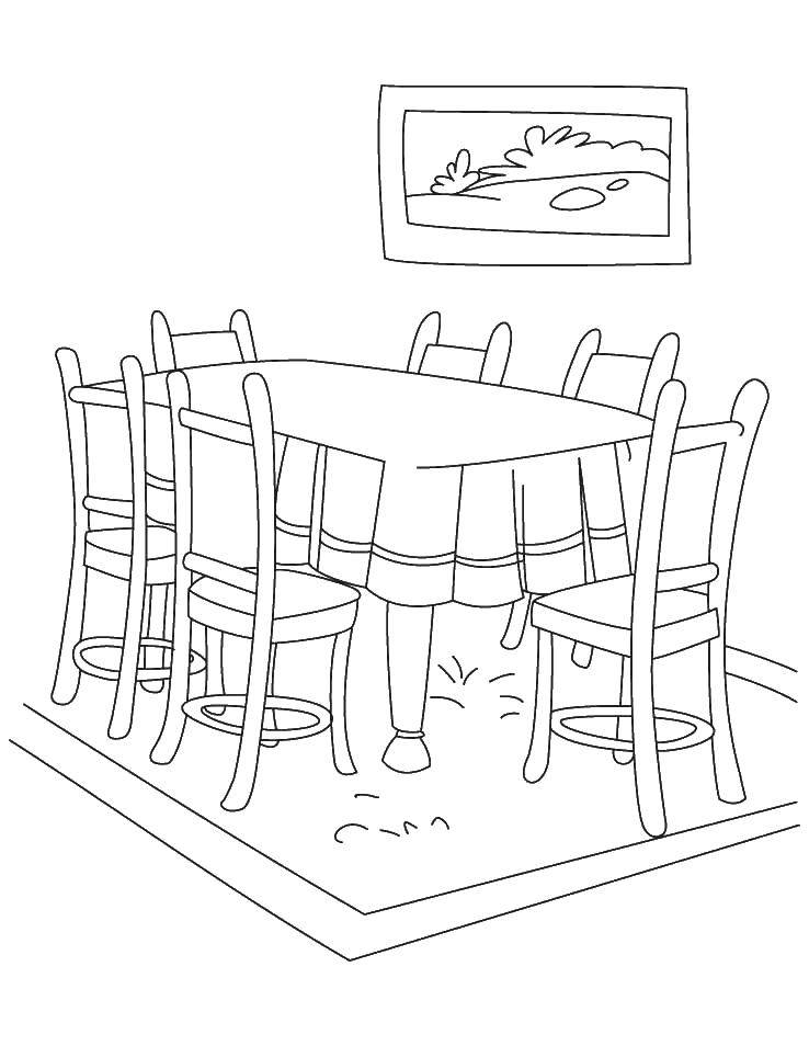 Название: Раскраска Стол и стулья. Категория: гостиная. Теги: стол, стулья, картина, скатерть.