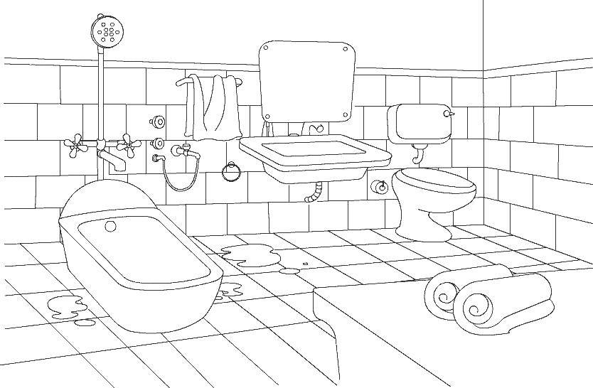 Название: Раскраска Ванна и туалет. Категория: Ванная комната. Теги: ванна, кран, вода, зеркало.
