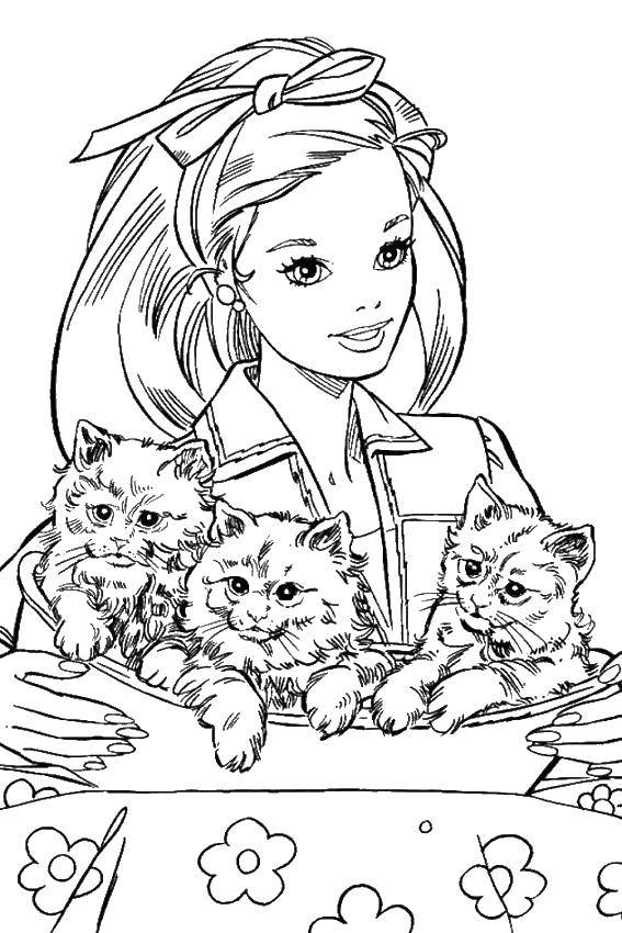 Coloring Barbie and kittens. Category Barbie . Tags:  Barbie , girl, doll, cats.