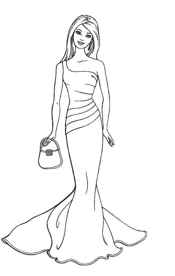 Coloring Barbie in a beautiful dress. Category Barbie . Tags:  Barbie , girl, dress.