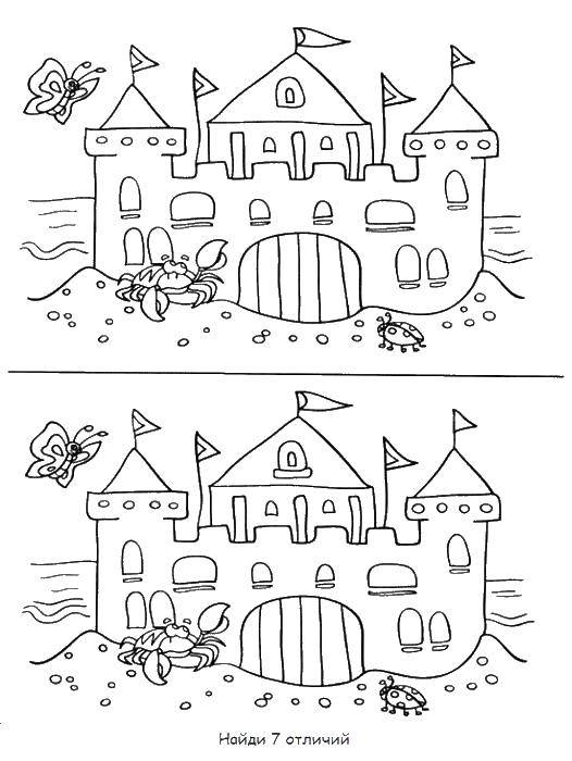 Название: Раскраска Красивый замок из песка с башнями и флажками, рядом ползет краб, летает бабочка и сидит божья коровка.. Категория: замки. Теги: замок, пляж, краб, бабочка, божья коровка.