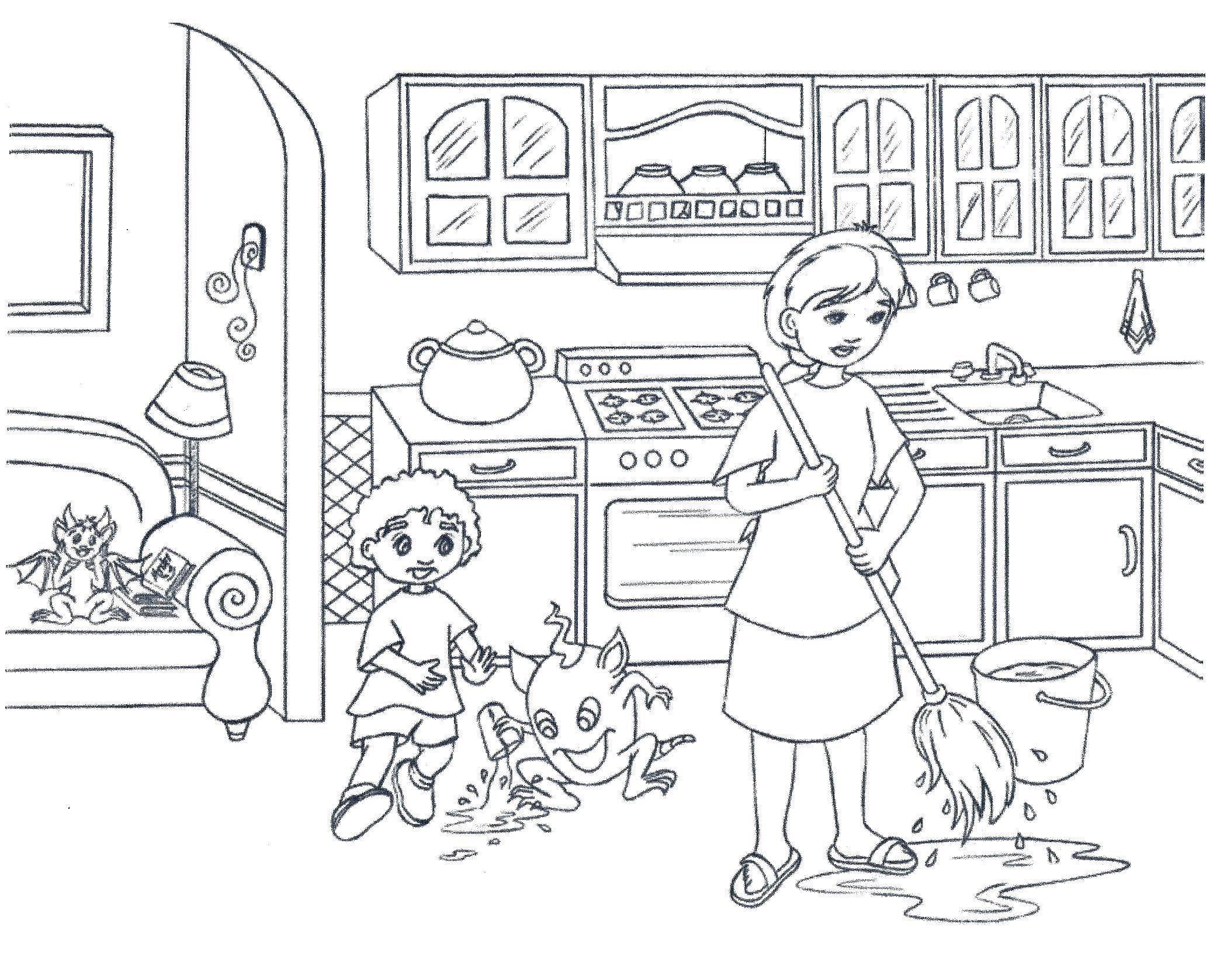 Название: Раскраска Мама моет кухню. Категория: Кухня. Теги: кухня, мама, уборка.