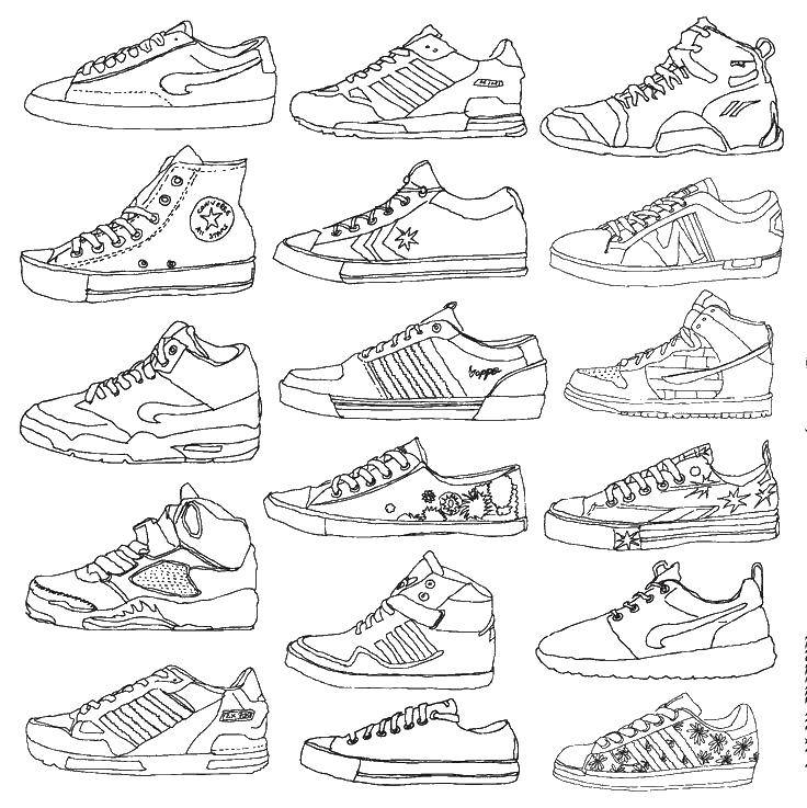 Название: Раскраска Кроссовки разных фирм. Категория: обувь. Теги: Обувь, кроссовки, шнурки.