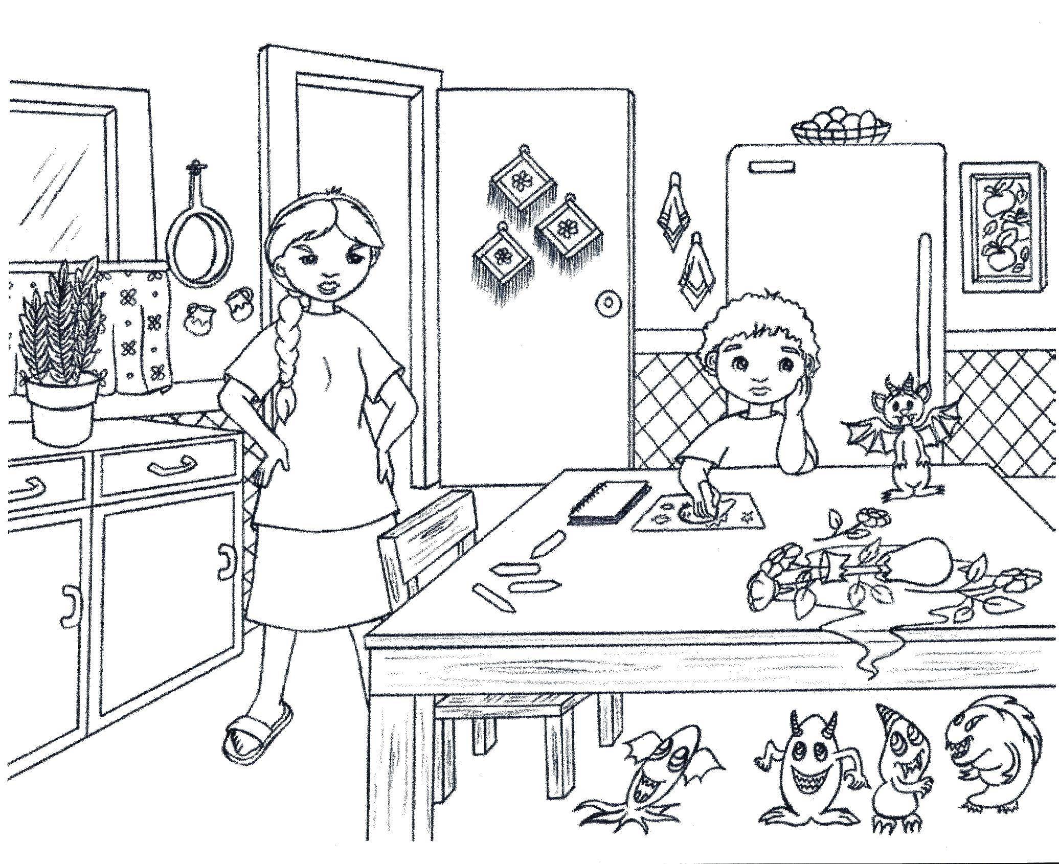 Название: Раскраска Мама и сын на кухне. Категория: Кухня. Теги: кухня, мать, сын.