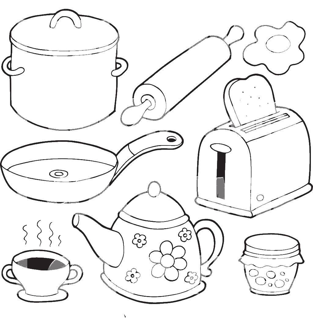 Название: Раскраска Предметы кухни. Категория: Кухня. Теги: кухня, еда, чай, тосты, посуда.