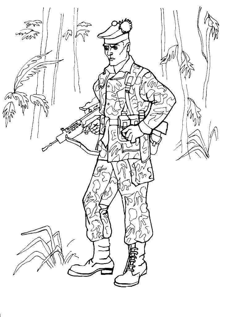 Coloring The spetsnaz soldier with a gun. Category military. Tags:  soldier, special Forces, military, machine.