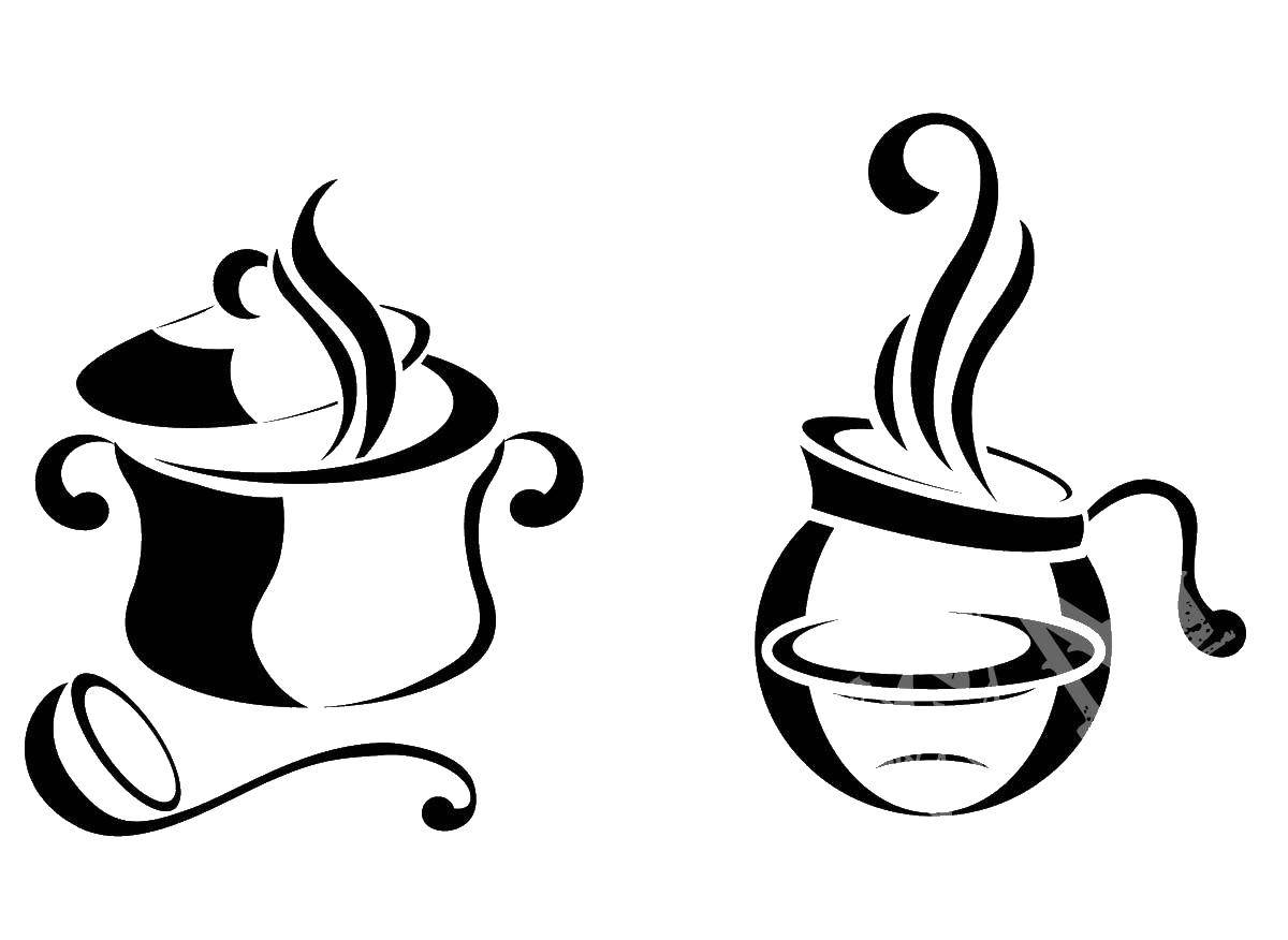 Название: Раскраска Чайник и кастрюля. Категория: кухня. Теги: кухня, посуда, чайник, кастрюля.