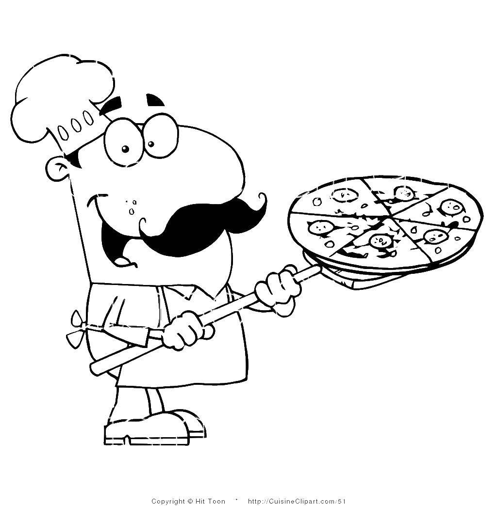 Название: Раскраска Итальянский повар с пиццей. Категория: Еда. Теги: еда, повар, пицца.
