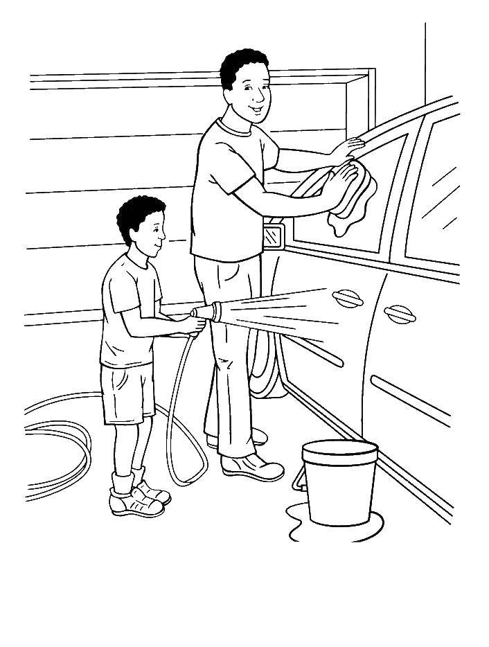 Название: Раскраска Папа и сын моют машину. Категория: Семья. Теги: семья, отец, сын, машина.