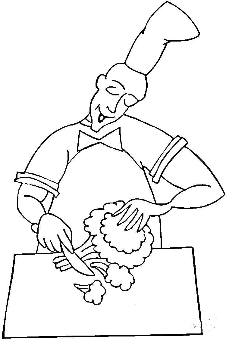 Название: Раскраска Повар готовит брокколи. Категория: Приготовление еды. Теги: Повар, еда.