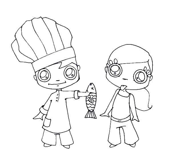 Название: Раскраска Повар и девочка. Категория: Приготовление еды. Теги: еда, повар, рыба, девочка.