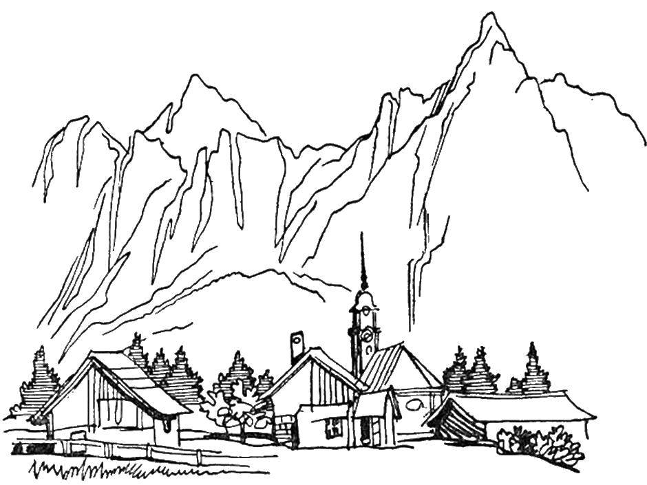 Coloring Mountain lodges. Category nature. Tags:  nature, houses, mountains.