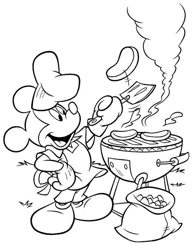 Coloring Mickey doing a barbecue. Category Mickey mouse. Tags:  Cook, food.