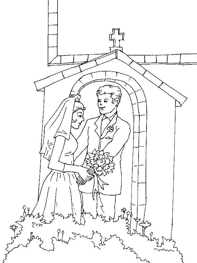 Coloring The bride and groom at the Church. Category wedding. Tags:  the groom, bride, wedding.