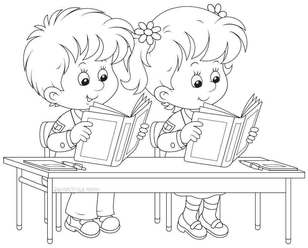 Coloring The kids at the Desk. Category school. Tags:  children, Desk, book.