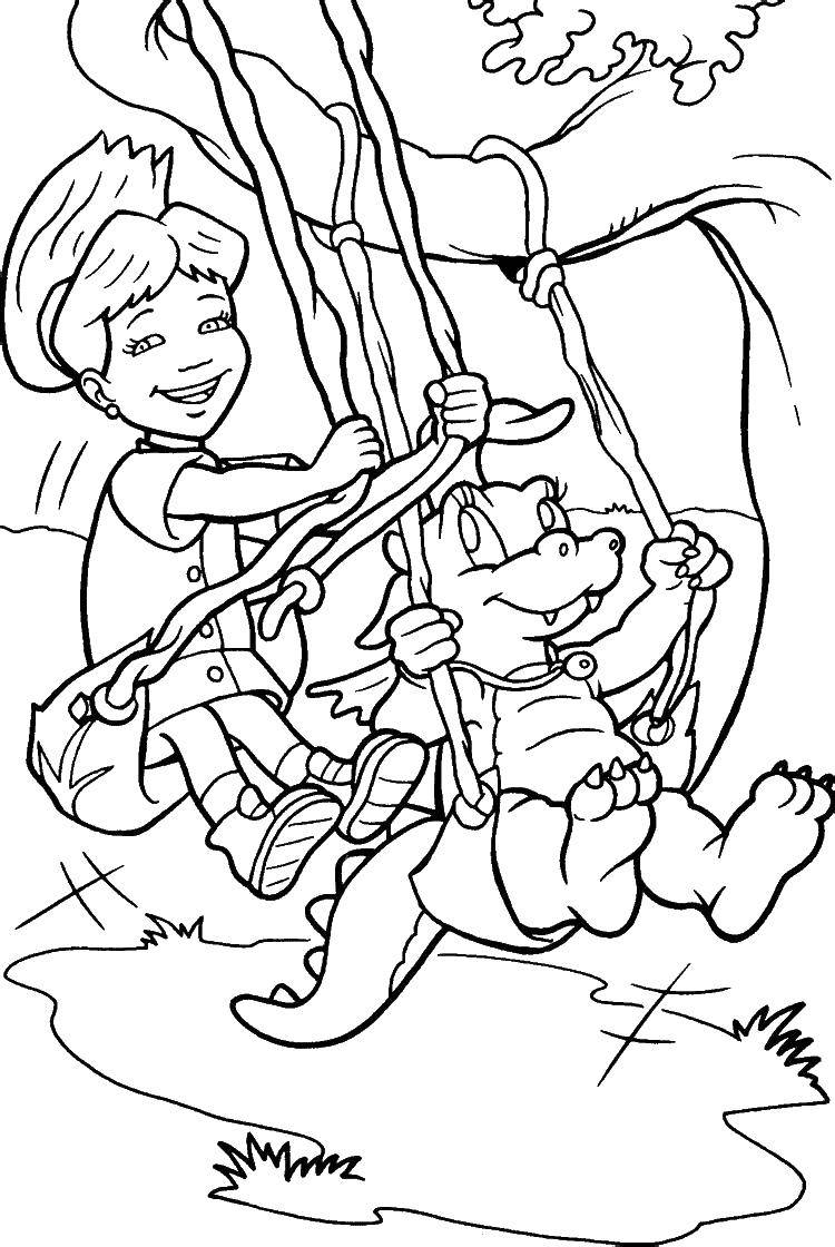 Coloring The girl with the dragon swinging on a swing. Category swing. Tags:  swing, children, dragon.