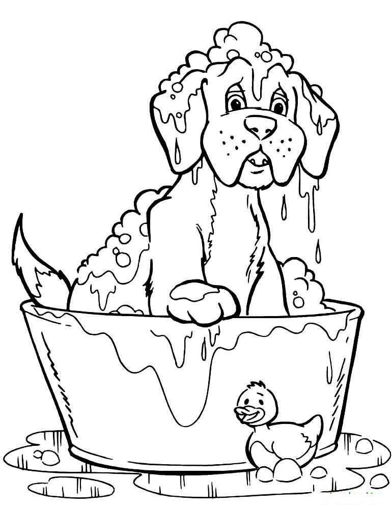 Название: Раскраска Собака купается в корыте. Категория: домашние животные. Теги: собака, утенок, корыто.