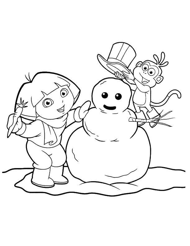 Название: Раскраска Даша и башмачок лепят снеговика. Категория: Персонаж из мультфильма. Теги: Персонаж из мультфильма, Даша Путешественница, Даша, Башмачок.