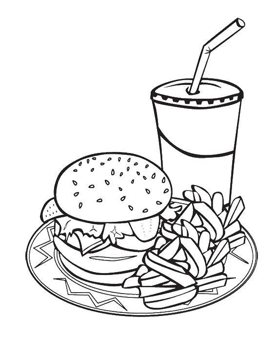 Название: Раскраска Гамбургер, фри и кола. Категория: Гамбургер. Теги: еда.