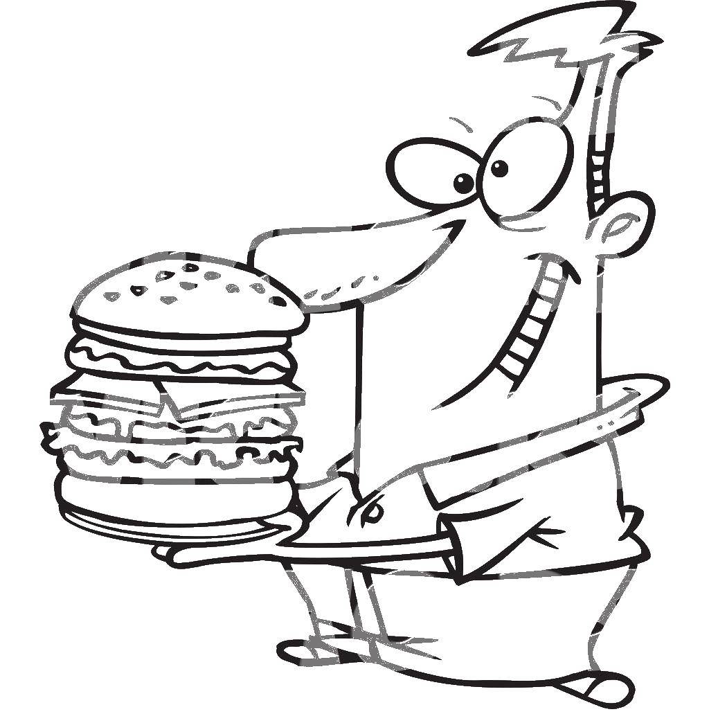 Название: Раскраска Мальчик с гамбургером. Категория: Гамбургер. Теги: Гамбургер, еда.