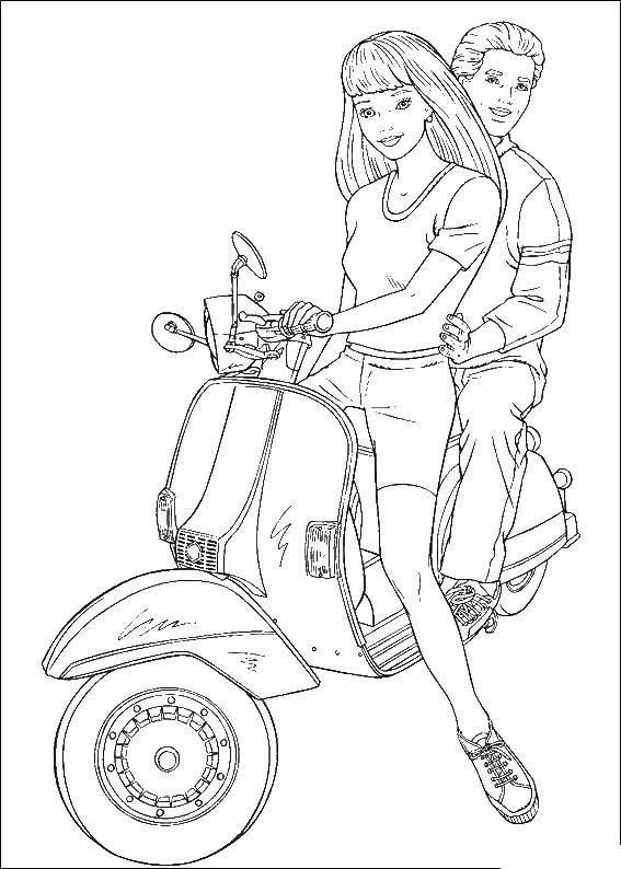 Coloring Barbie and Ken riding a moped. Category Barbie . Tags:  Barbie , Ken, motorcycle.