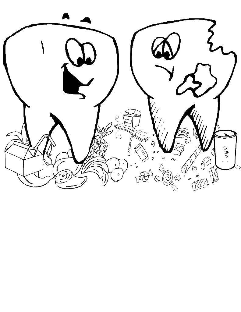Название: Раскраска Счастливый и грустный зубик. Категория: Уход за зубами. Теги: Стоматолог.