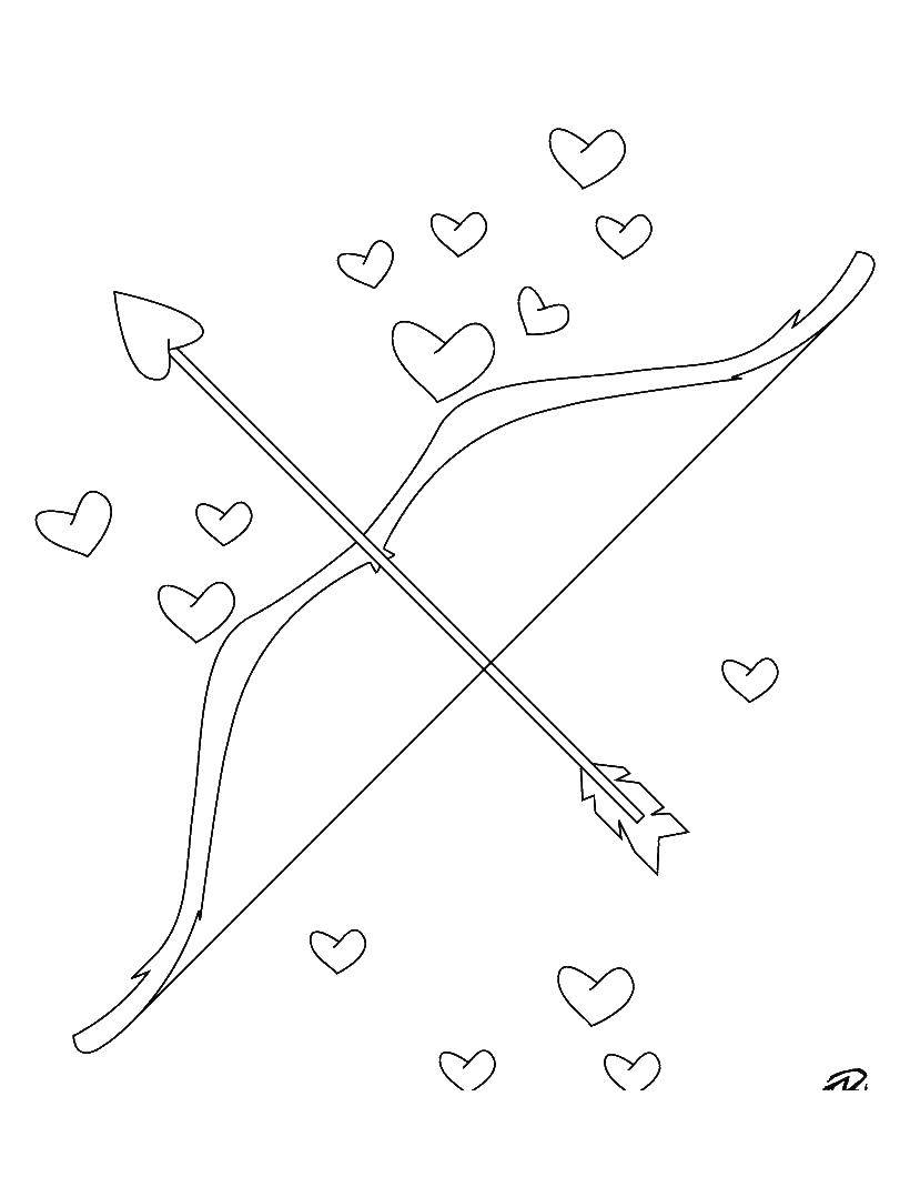 Название: Раскраска Лук и стрела. Категория: день святого валентина. Теги: стрела, лук, сердечки.