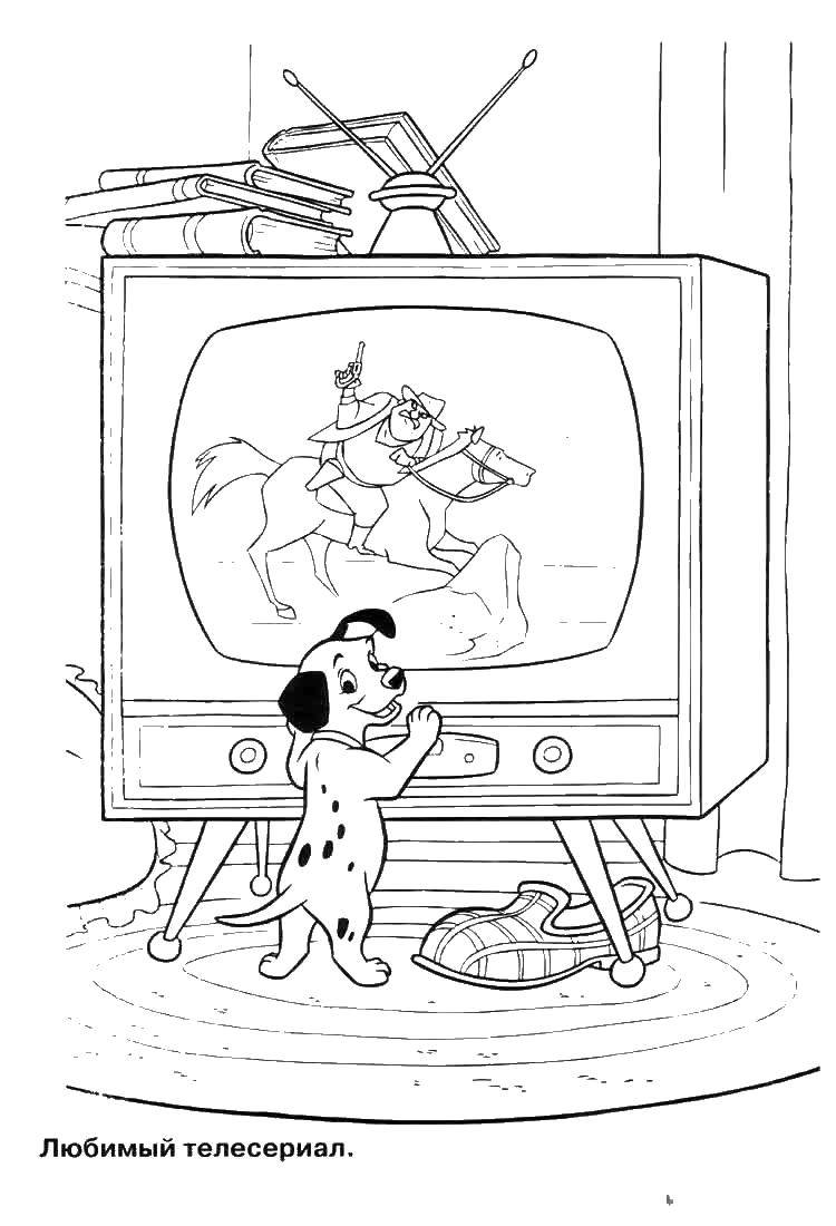 Название: Раскраска Далматинцы смотрят телевизор. Категория: Диснеевские мультфильмы. Теги: 101, далматинцы.