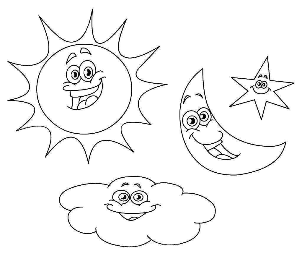 Опис: розмальовки  Сонечко, хмаринка, півмісяць, зірочка. Категорія: ніч. Теги:  Ніч, місяць, зірки.