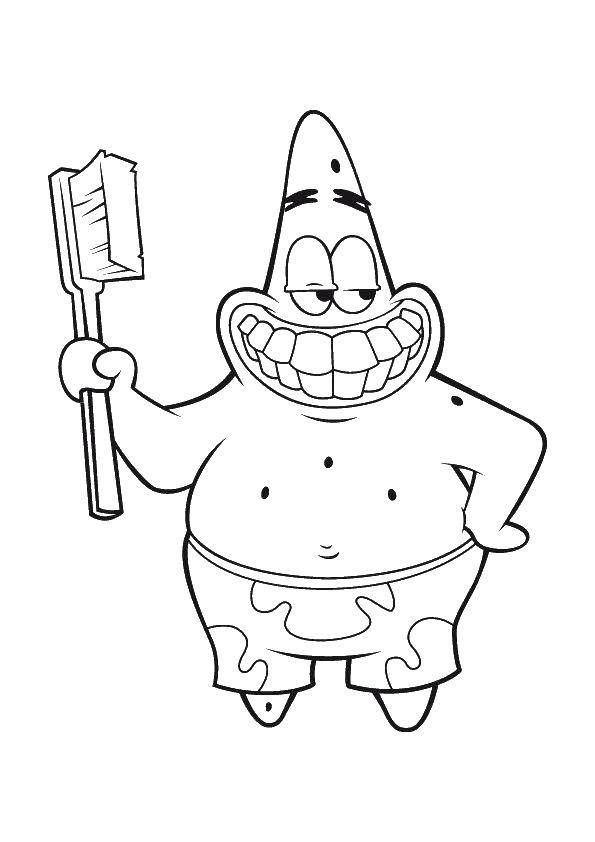 Название: Раскраска Патрик чистит зубы. Категория: Спанч Боб. Теги: спанч боб, патрик.
