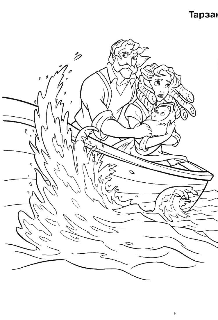 Название: Раскраска Тарзан с родителями в лодке. Категория: Диснеевские мультфильмы. Теги: Тарзан.
